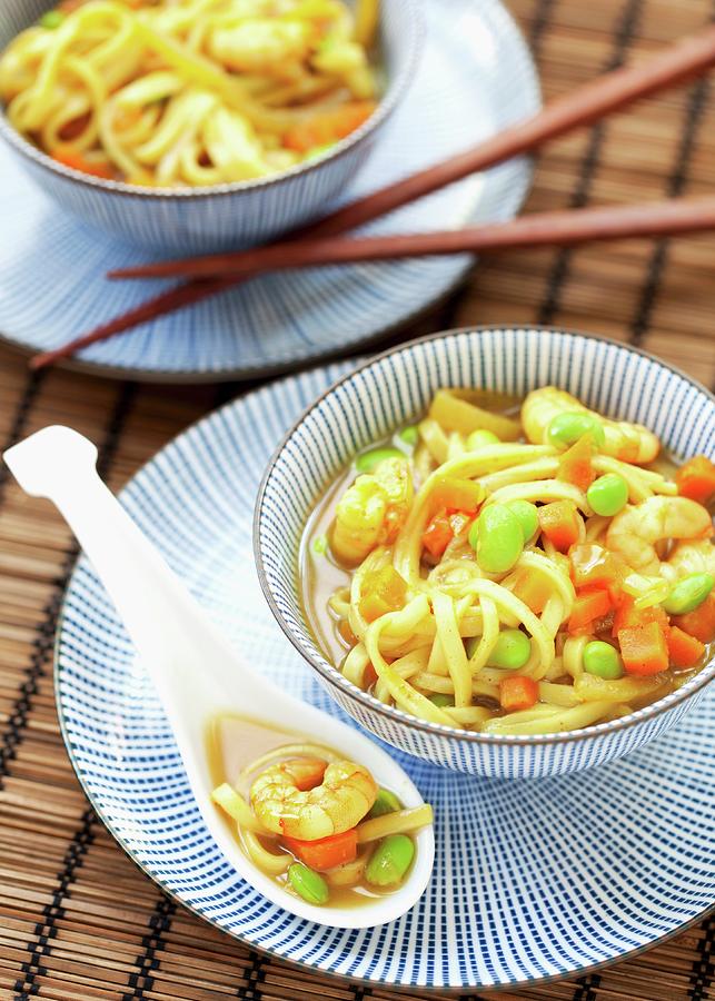 Katsu Curry Noodle Soup With Prawns And Edamame Beans Photograph by ...