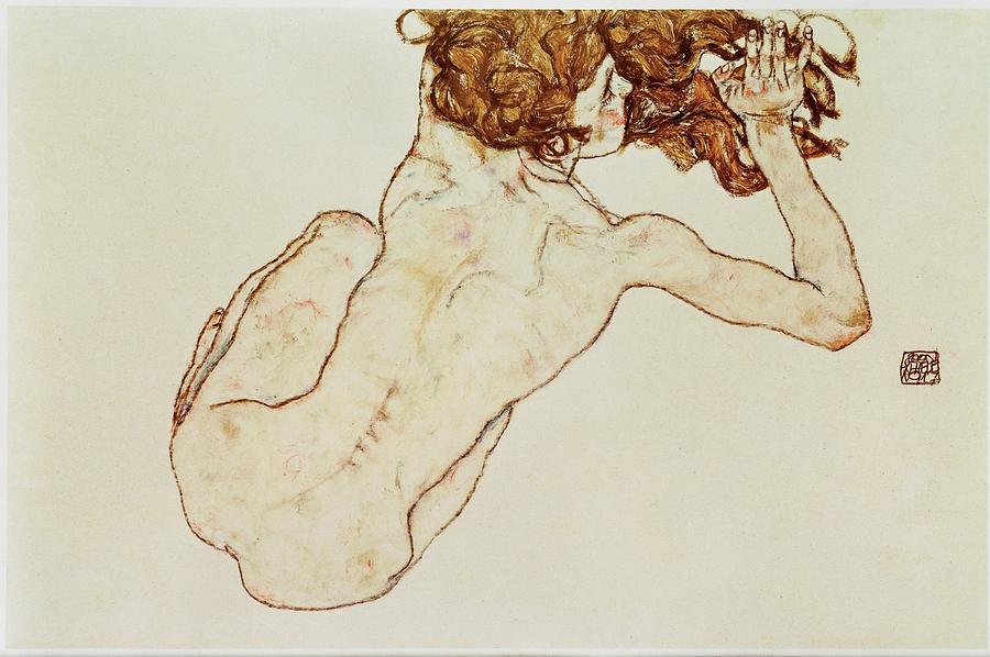 Kauernder Rueckenakt - Crouching nude,back view,1917. Gouache and pencil, 29,5 x 45 cm. Drawing by Egon Schiele -1890-1918-