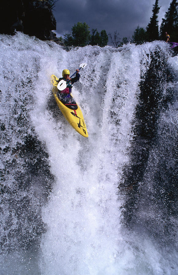 Kayak Flying Over Fall One On Store Ula Photograph by Anders Blomqvist