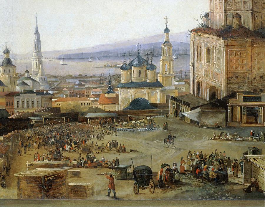 Kazan Kremlin with Annunciation Cathedral and market in square, 1846 oil on canvas. Detail. Painting by Andrei Nicolaevich Rakovitch -1815-1866-