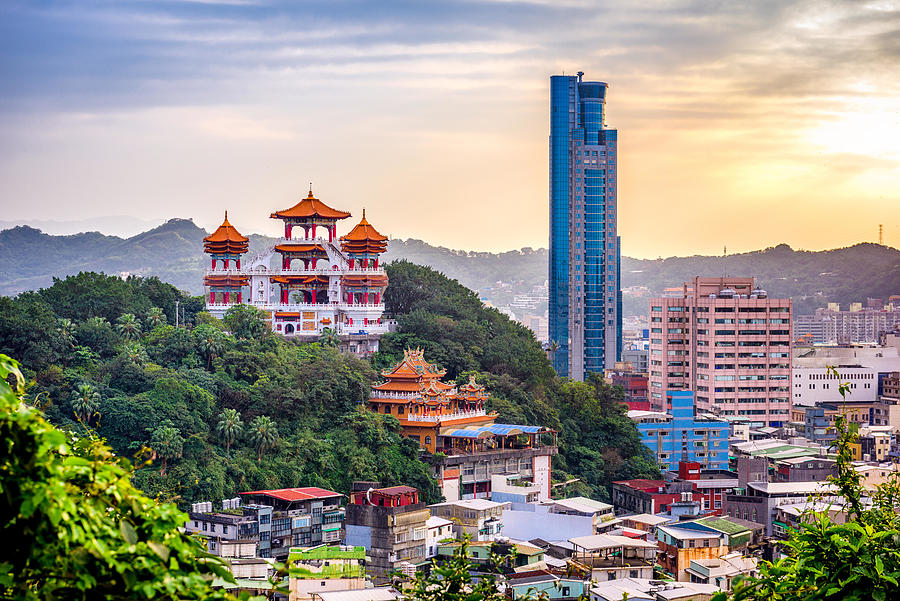 Skyscraper Photograph - Keelung, Taiwan Temples And Cityscape by Sean Pavone