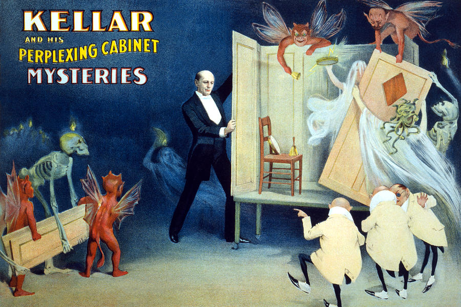 Kellar and his perplexing cabinet mysteries Painting by Strobridge Litho.