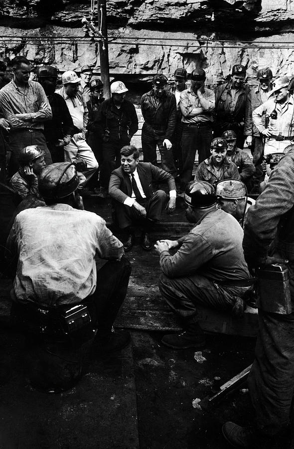 Black And White Photograph - Kennedy with Miners by Hank Walker