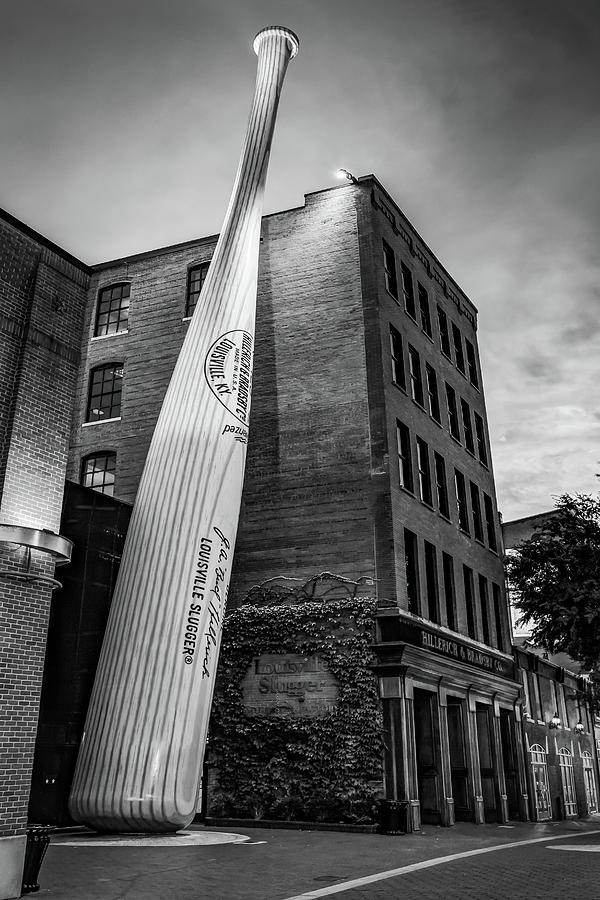 Louisville Slugger Baseball Bat on Building - Black and White