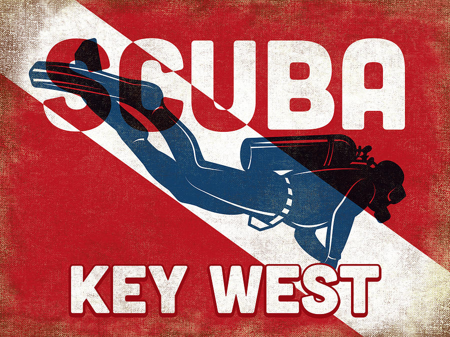 Key West Digital Art - Key West Scuba Diver - Blue Retro by Flo Karp Key West Digital Art - Key West Scuba Diver - Blue Retro by Flo Karp
