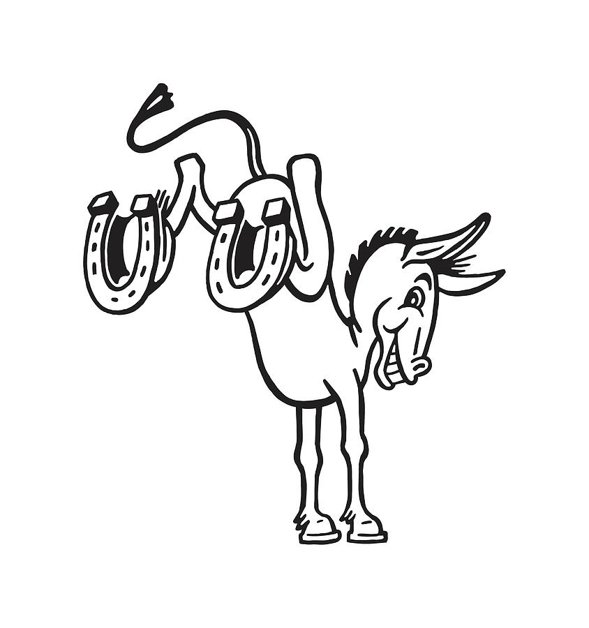 Black And White Drawing - Kicking Donkey with Horseshoes by CSA Images