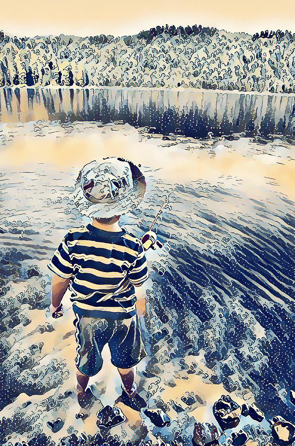 Kid holding a rod on a lake 2 Painting by Jeelan Clark