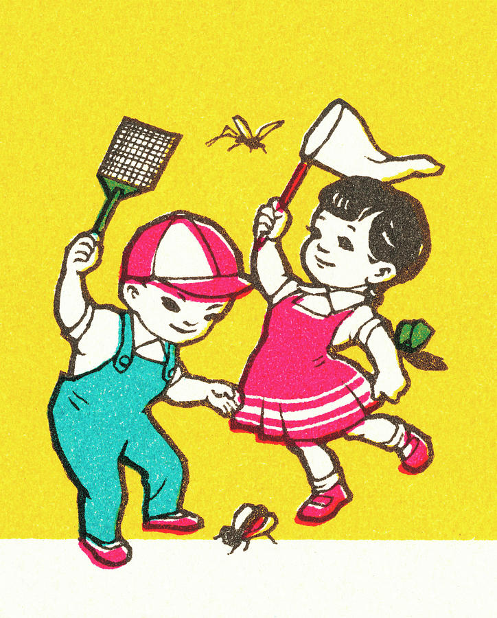 Vintage Drawing - Kids catching bugs by CSA Images