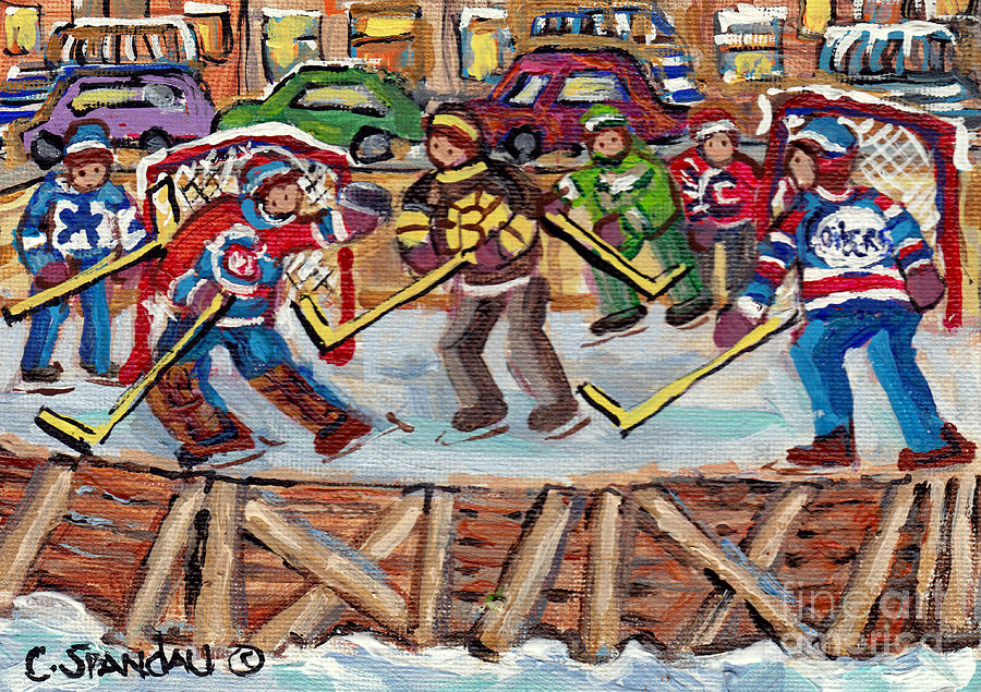 Kids Hockey Game Outdoor Local Hockey Rinks Psc Verdun Montreal Ndg Jersey Day C Spandau Hockey Art  Painting by Carole Spandau
