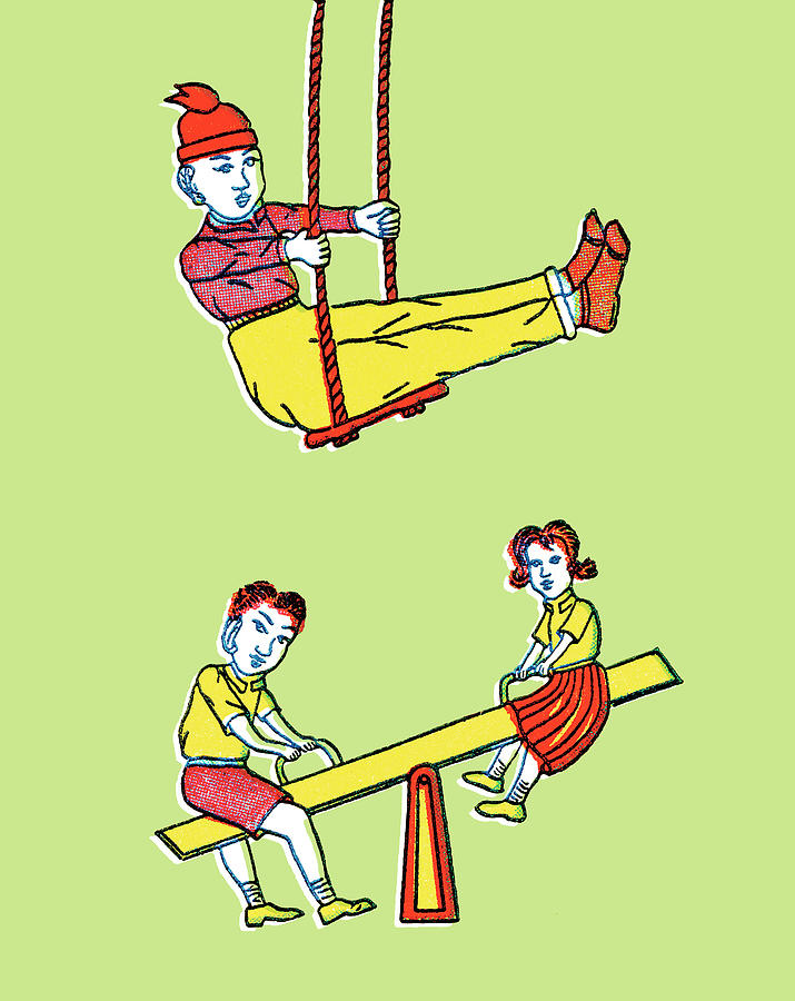 Vintage Drawing - Kids on swing and seesaw by CSA Images