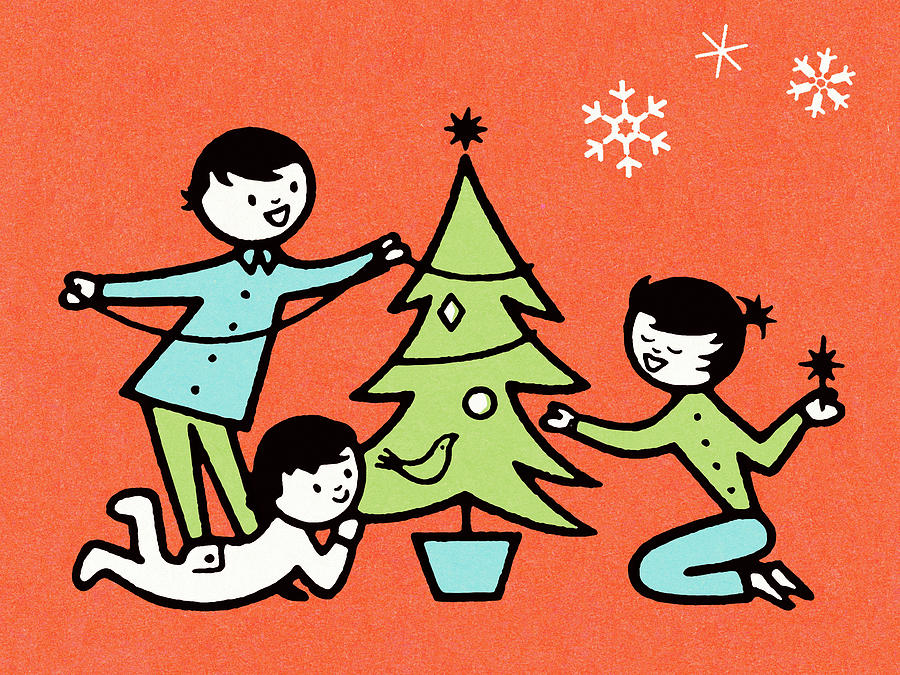 Christmas Drawing - Kids trimming the tree by CSA Images