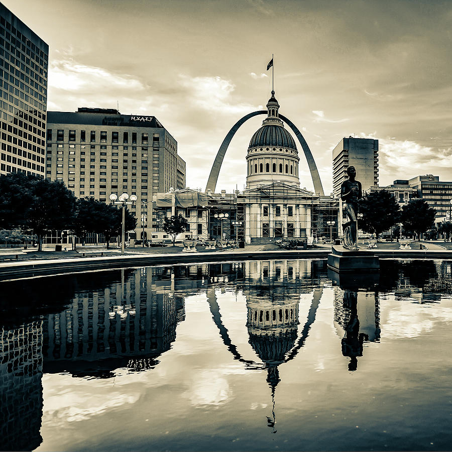 Kiener Plaza Fountain And Saint Louis Arch In Sepia Photograph