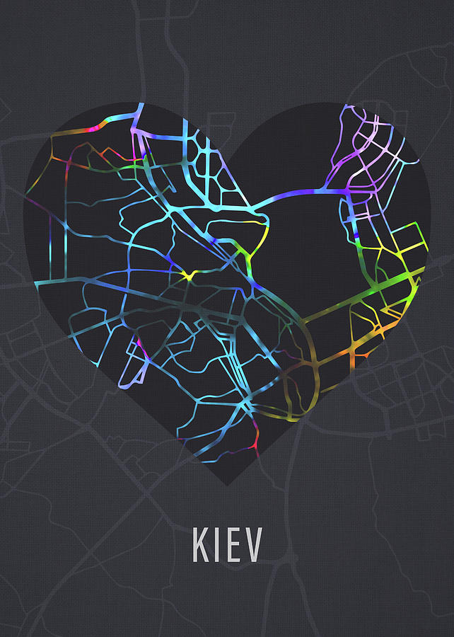 Map Mixed Media - Kiev Ukraine Heart Street Map Love Dark Mode by Design Turnpike