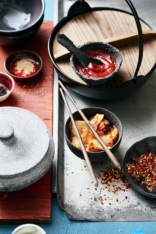 Kimchi, Chilli Flakes And Dips korea Photograph by Thorsten Suedfels / Stockfood Studios
