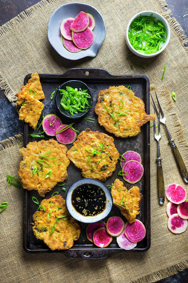 Kimchi Pancakes With Pickled Radishes Photograph by Emily Clifton