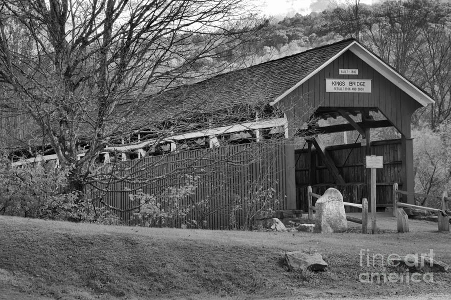 King Covered Bridge Fall Backdrop Black And White Photograph by Adam Jewell