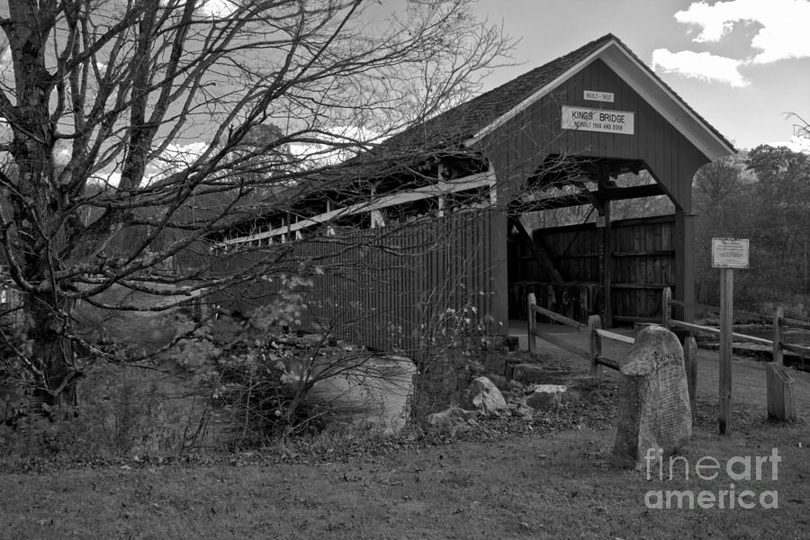 King Covered Bridge Fall Landscape Black And White Photograph by Adam Jewell
