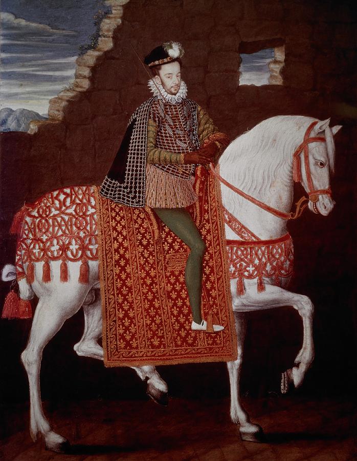 King Henry III of France 1551-89 on horseback, ca. 1580, French School. School French. Painting by School French