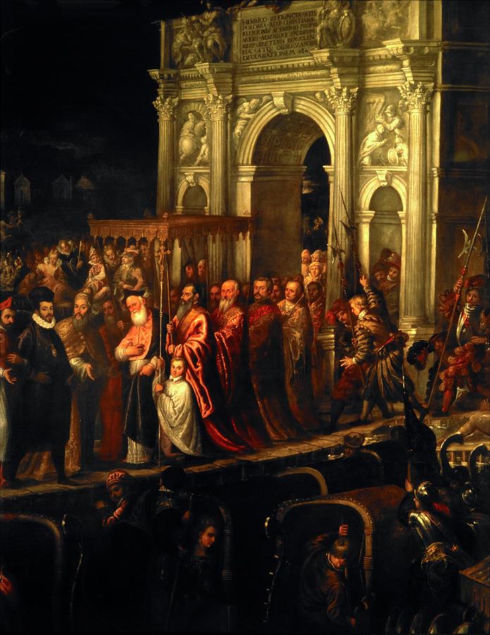 King Henry III of France being received in Venice in 1574, 16th century, Oil on canvas. Painting by Andrea Vicentino -c 1542-1617-