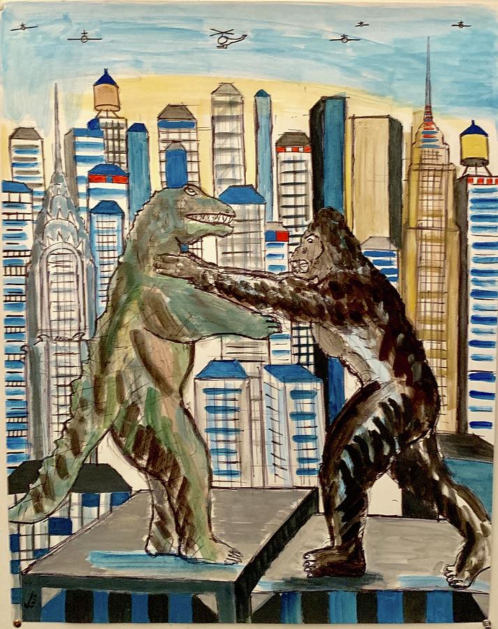 King Kong Drawing - King Kong and Godzilla Duel by Enrico Miguel Thomas