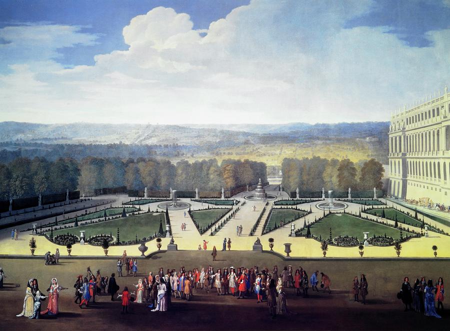 King Louis XIV and his court, outside of the Palace of Versailles, 1688, Oil on canvas. Painting by Etienne Allegrain -1644-1736-