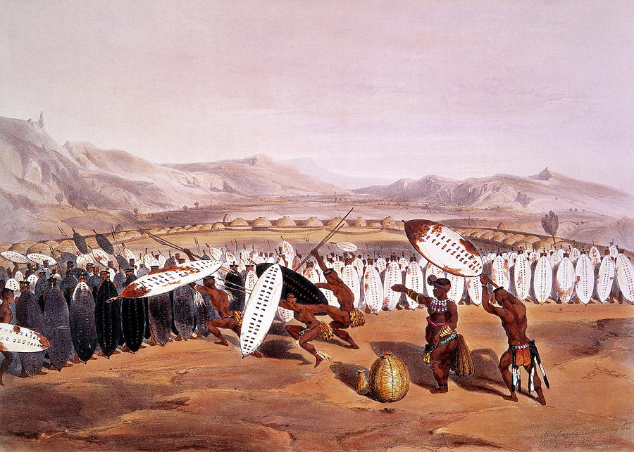 King Panda reviewing his troops at Nonduengu image taken from Kafirs Illustrated, 1849.Zulu War. Painting by George French Angas -1822-1886-