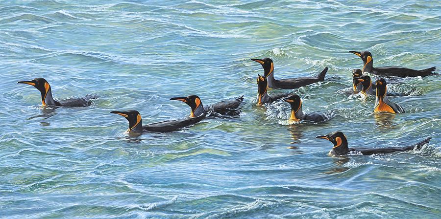 King Penguins Swimming Painting by Alan M Hunt
