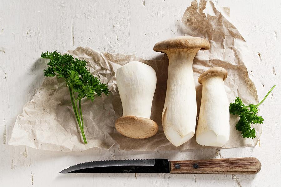 King Trumpet Mushrooms pleurotus Eryngii With Parsley On Packing Paper, With A Knife Photograph by Mandy Reschke