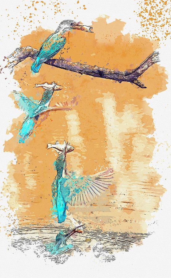 Kingfisher Painting - Kingfisher catching fish watercolor by Ahmet Asar by Celestial Images