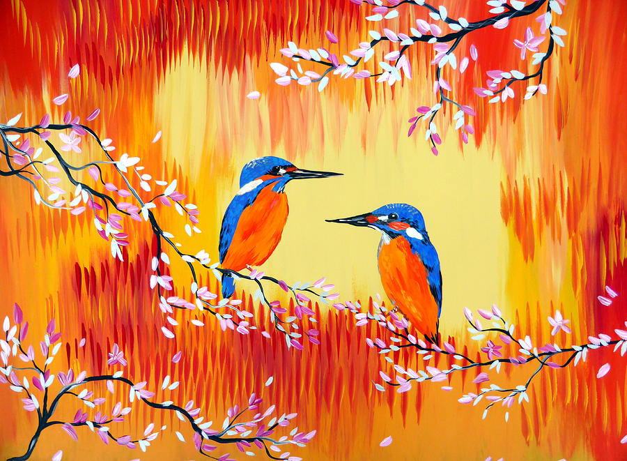 Kingfishers With Sakura On Red, Yellow And Orange Painting