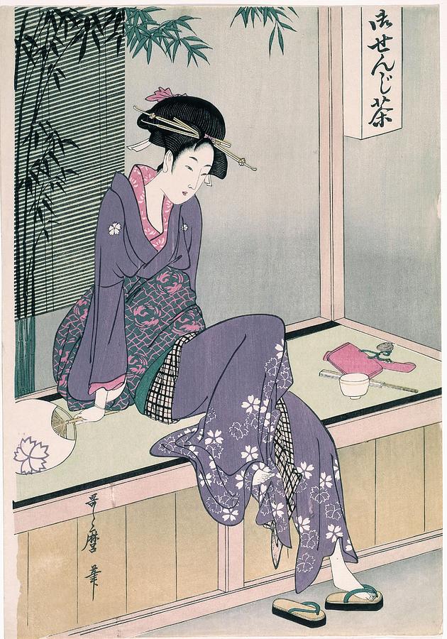 Kitagawa Utamaro -Copy- / Mujer sentada en una veranda, ca. 1798, 20th century, Japanese School. Drawing by Kitagawa Utamaro -1753-1806-