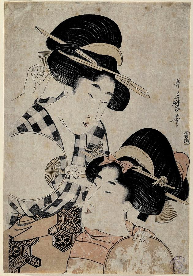 Kitagawa Utamaro, Yamashiroya Toemon / Dos jovenes mujeres con abanico, 1790-1800. Drawing by Kitagawa Utamaro -1753-1806- Yamashiroya Toemon -19th cent -