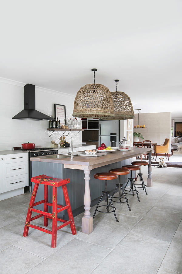 Kitchen Counter And Barstools In Open-plan Vintage-style Kitchen Photograph by Great Stock!