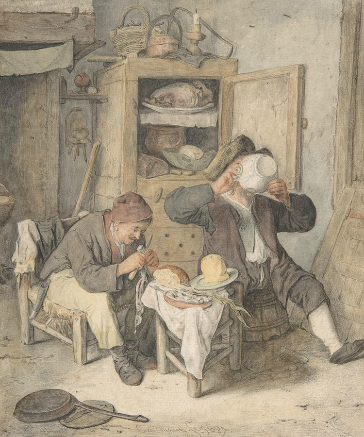 Kitchen Scene Drawing by Cornelis Dusart