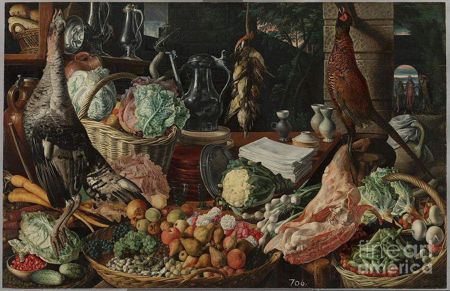 Kitchen Scene With Christ At Emmaus, C.1560-65 Painting by Joachim Beuckelaer Or Bueckelaer