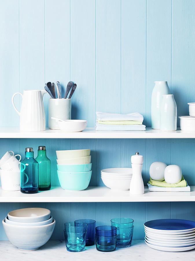 Kitchen Shelves Of Crockery & Utensils In Shades Of Blue & White Photograph by Louise Lister