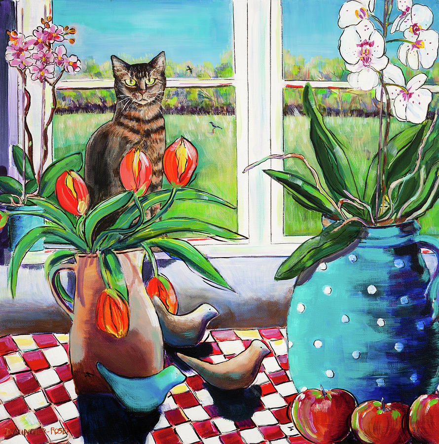 Kitchen Table Still Life With Cat Painting by Seeables Visual Arts