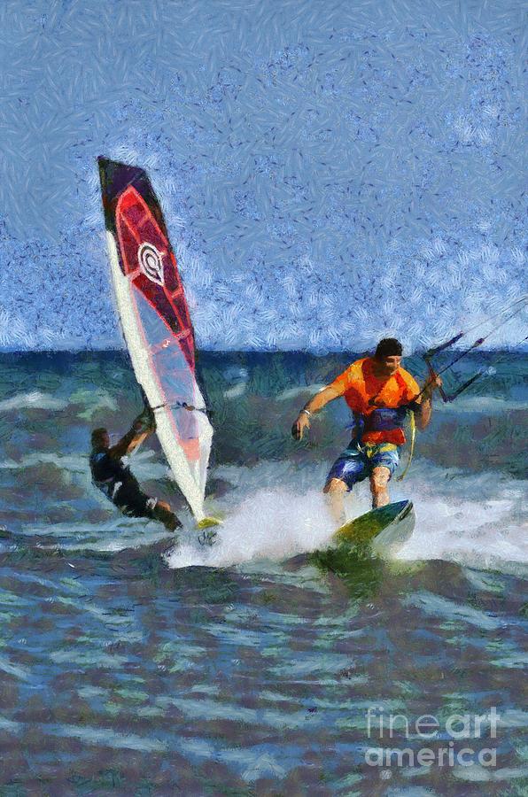 Kite surfing and windsurfing on a windy day Painting by George Atsametakis