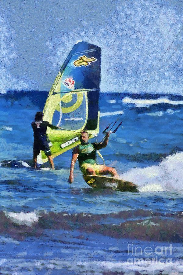 Kite surfing and windsurfing on a windy day I Painting by George Atsametakis