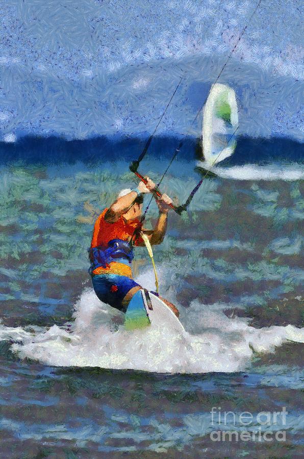 Kite surfing on a windy day Painting by George Atsametakis