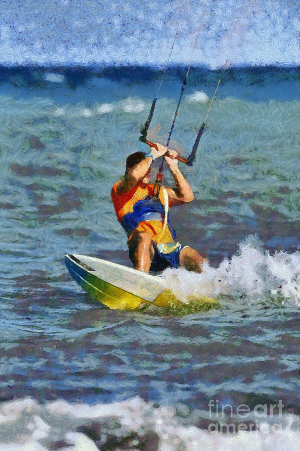 Kite surfing on a windy day I Painting by George Atsametakis