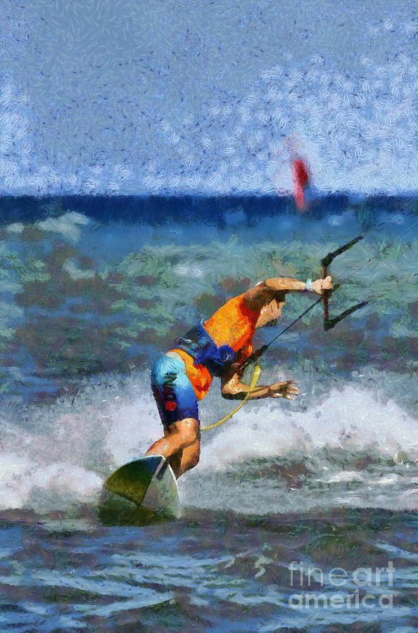 Kite surfing on a windy day II Painting by George Atsametakis