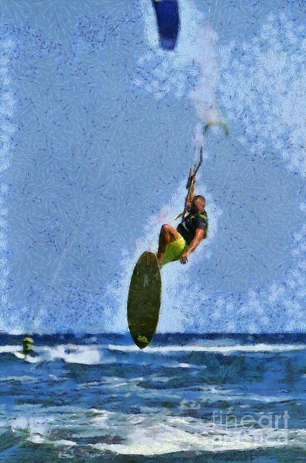 Kite surfing on a windy day IV Painting by George Atsametakis