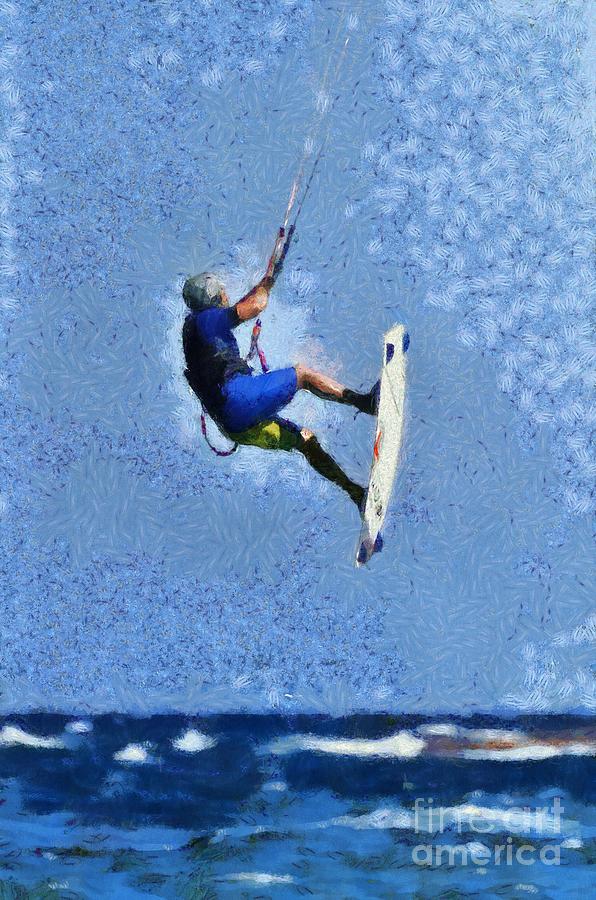 Kite surfing on a windy day V Painting by George Atsametakis