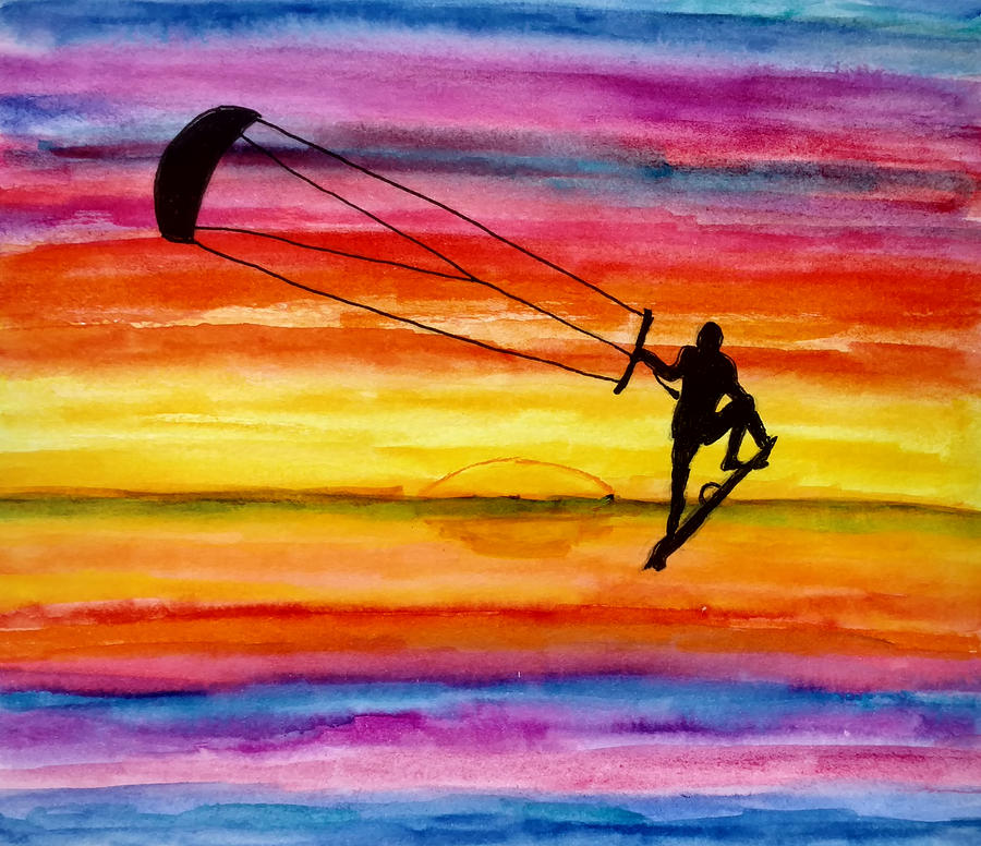 Kiteboarding at Sunset Painting by 