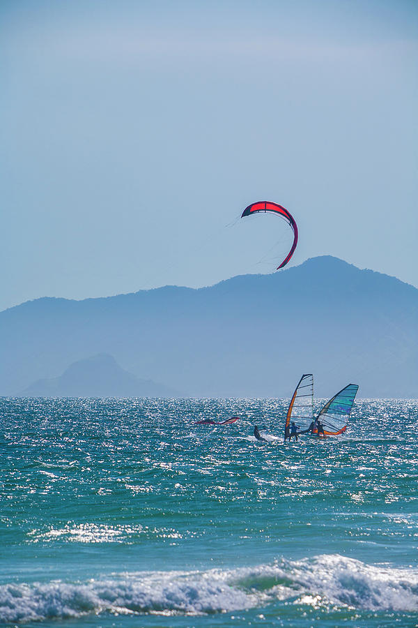 Nature Photograph - Kitesurfer And Windsurfers, Rio De by Stuart Dee