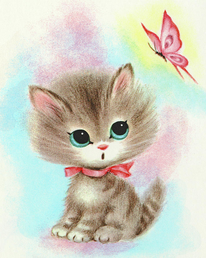 Butterfly Drawing - Kitten and a Butterfly by CSA Images