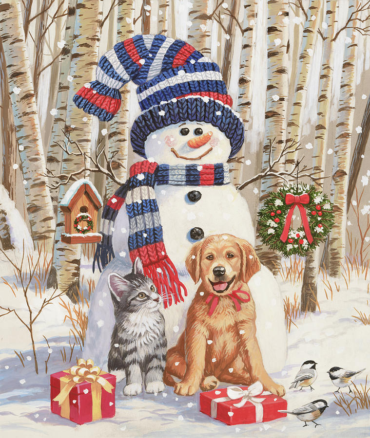 Winter Painting - Kitten And Puppy With Snowman by William Vanderdasson