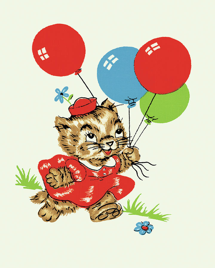 Vintage Drawing - Kitten Carrying Balloons by CSA Images