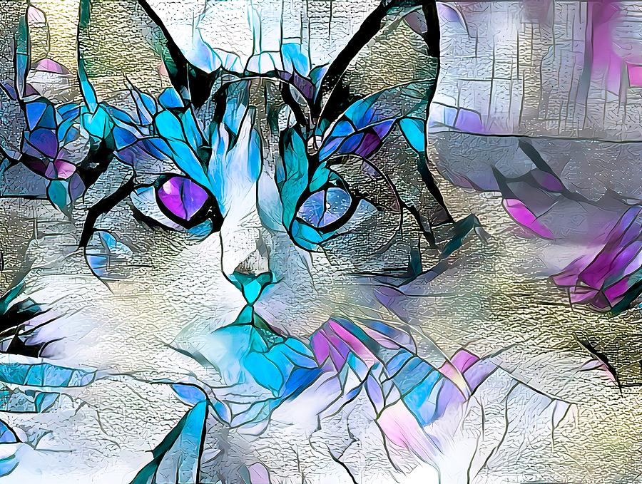 Kitten On Stained Glass Blue Digital Art by Don Northup